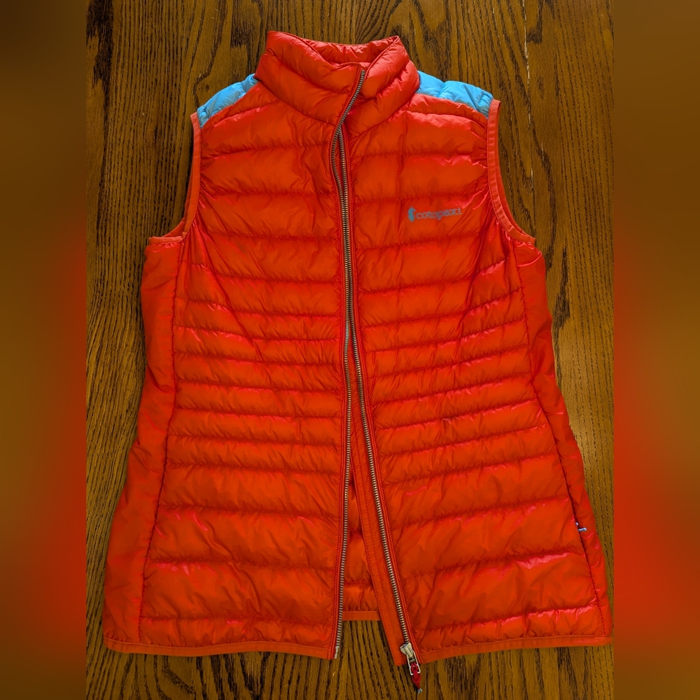 Cotopaxi Vibrant Orange and Blue Puffer Vest